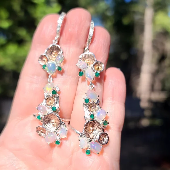 STUNNING Opal & Green Onyx floral chandelier sterling &gold dramatic earrings - Picture 3 of 8